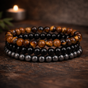 Zestaw 3 bransoletek z naturalnych kamieni – styl boho i symbolika ochrony.