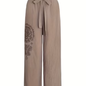 Eleganckie Spodnie z Szerokimi Nogawkami, Haftowane, Proste, Casual, Wiosna/Jesień, Damskie Spodnie "YT rozmiar L.